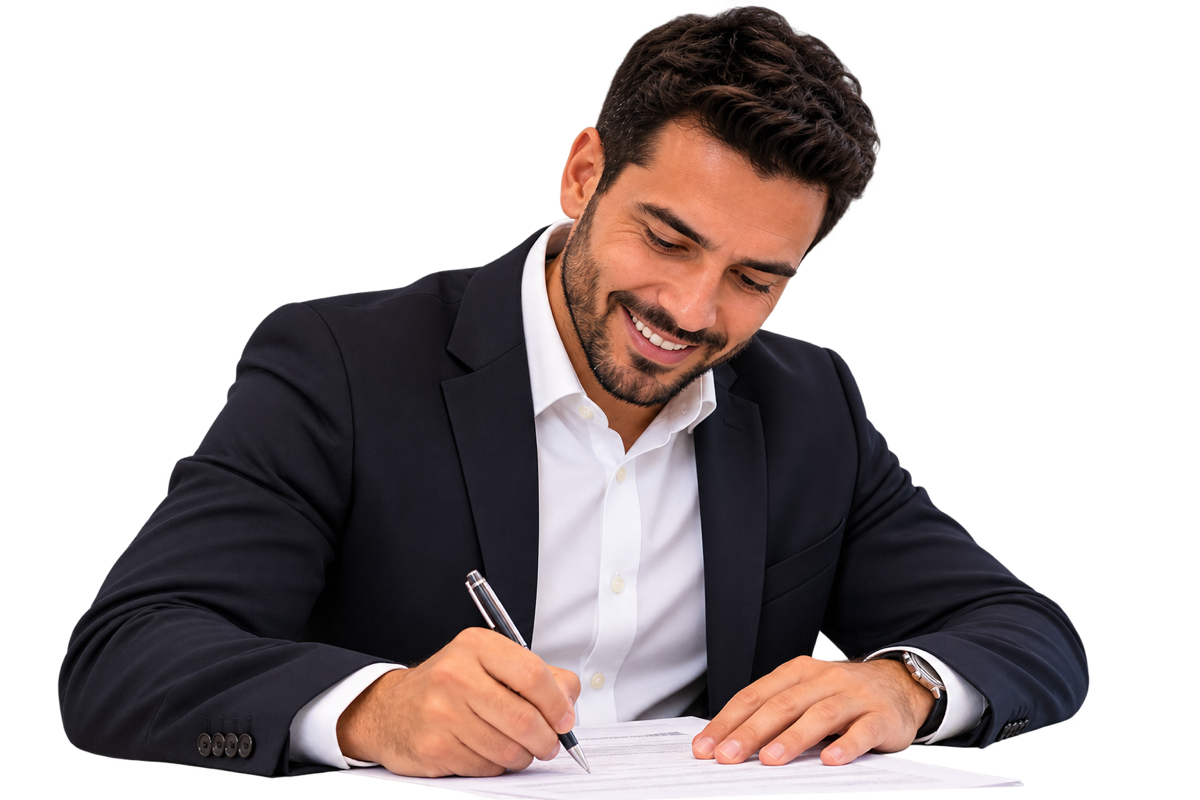 Candidat souriant en train de passer l’épreuve écrite de l’examen VTC